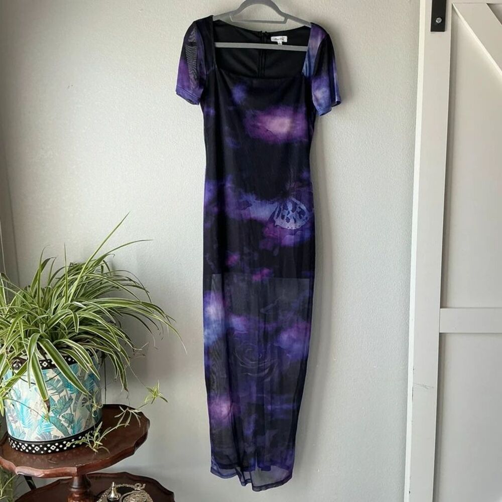 Petal Dew Purple Butterfly Mesh Maxi Dress - L